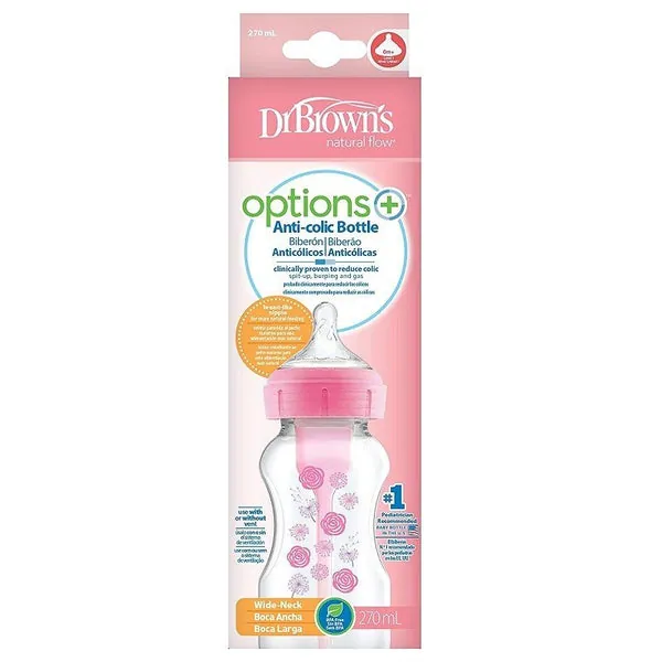 Dr. BROWN'S Biberón Anticólico Boca Ancha Options+ Rosa Flores +0 meses 270ml