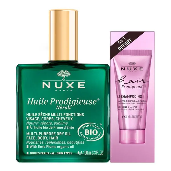 NUXE Huile Prodigieuse Néroli 100ml + Champú Brillo Sublime Hair Prodigieux 30ml DE REGALO