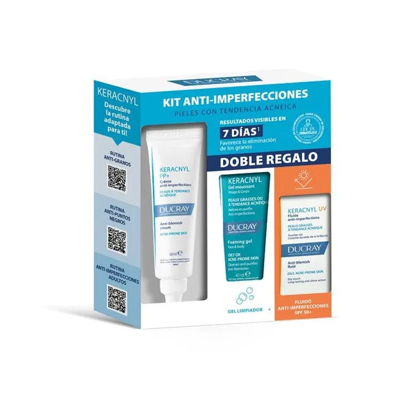 DUCRAY Keracnyl Pack Crema Antiimperfecciones 30ml + Gel Limpiador 40ml + Fluido Keracnyl UV 5 ml