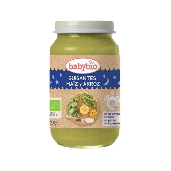 BABYBIO Tarrito Buenas Noches BIO Guisantes, Maíz y Arroz +6m 200g