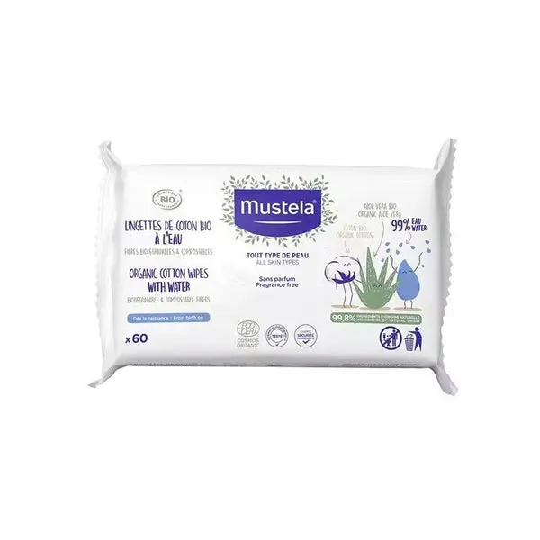 MUSTELA Toallitas al agua de algodón BIO paquete 60 uds