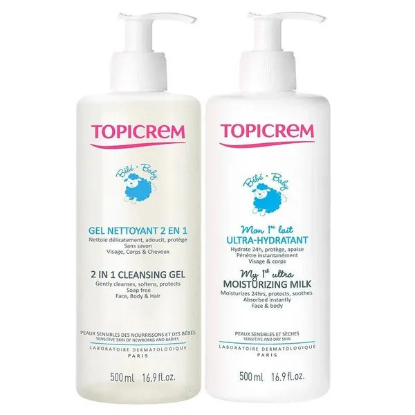 Topicrem Pack BABY Leche Ultra Hidratante 500ml + Gel Limpiador 2 en 1 500ml