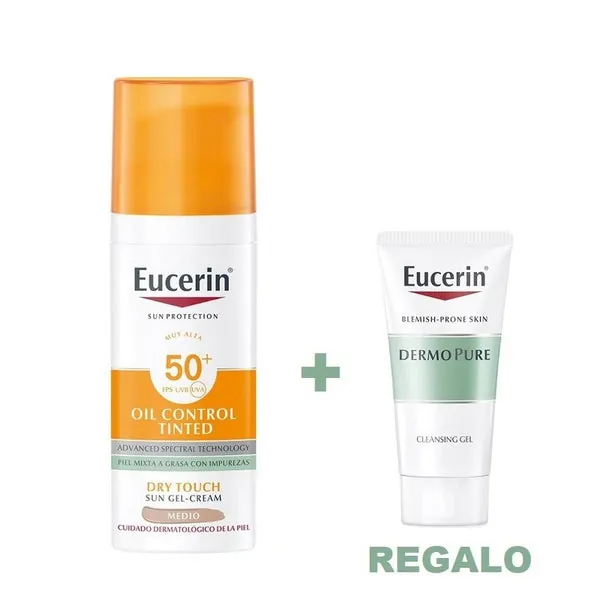 EUCERIN Oil Control SPF50+ con Color Medio Toque Seco Gel-Crema Solar (50ml) + Dermopure Gel de Limpieza 20ml REGALO